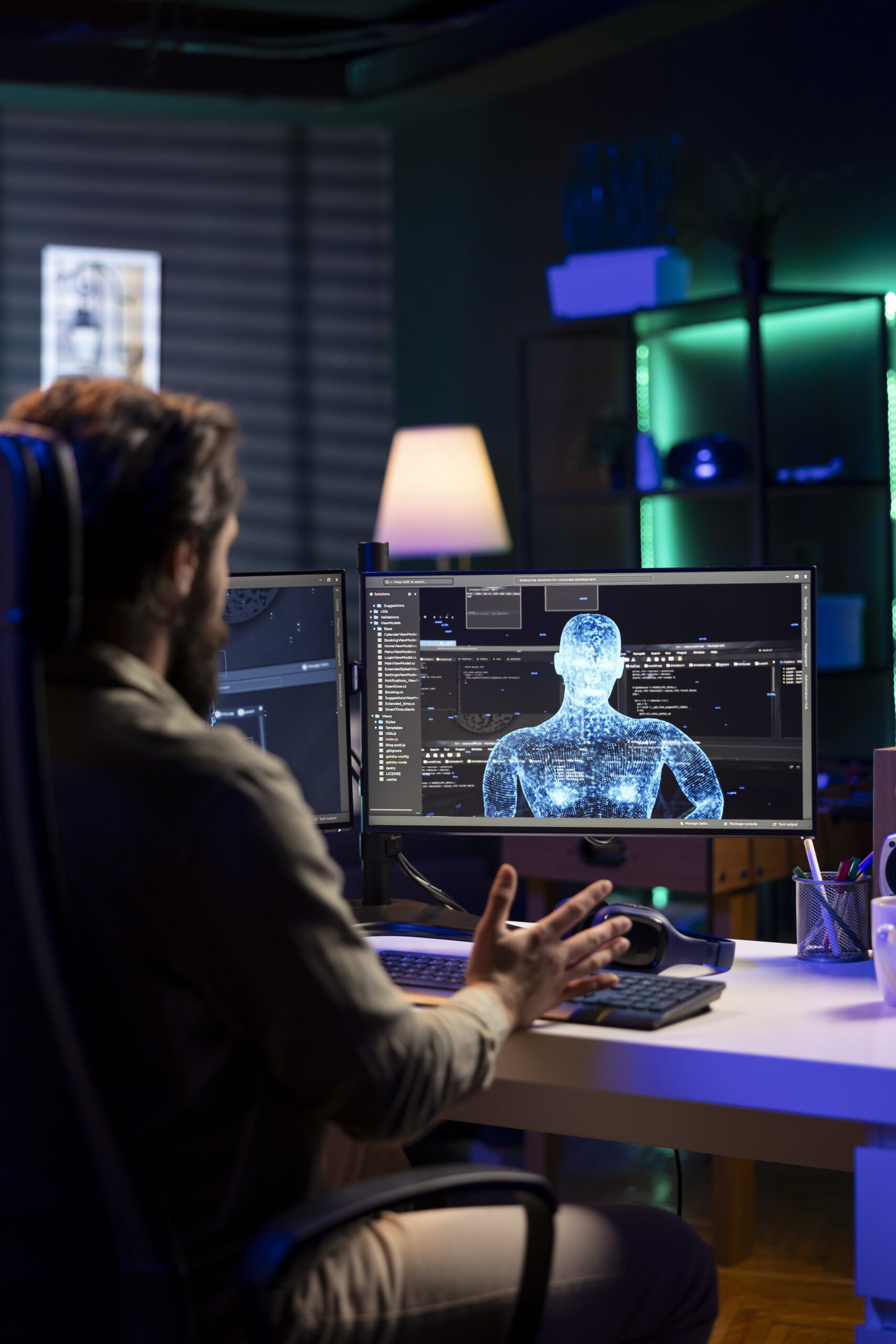 Admin confused by AI gaining consciousness, using humanoid form to interact with creator. Computer technician astonished by artificial intelligence becoming sentient and appearing on monitor
