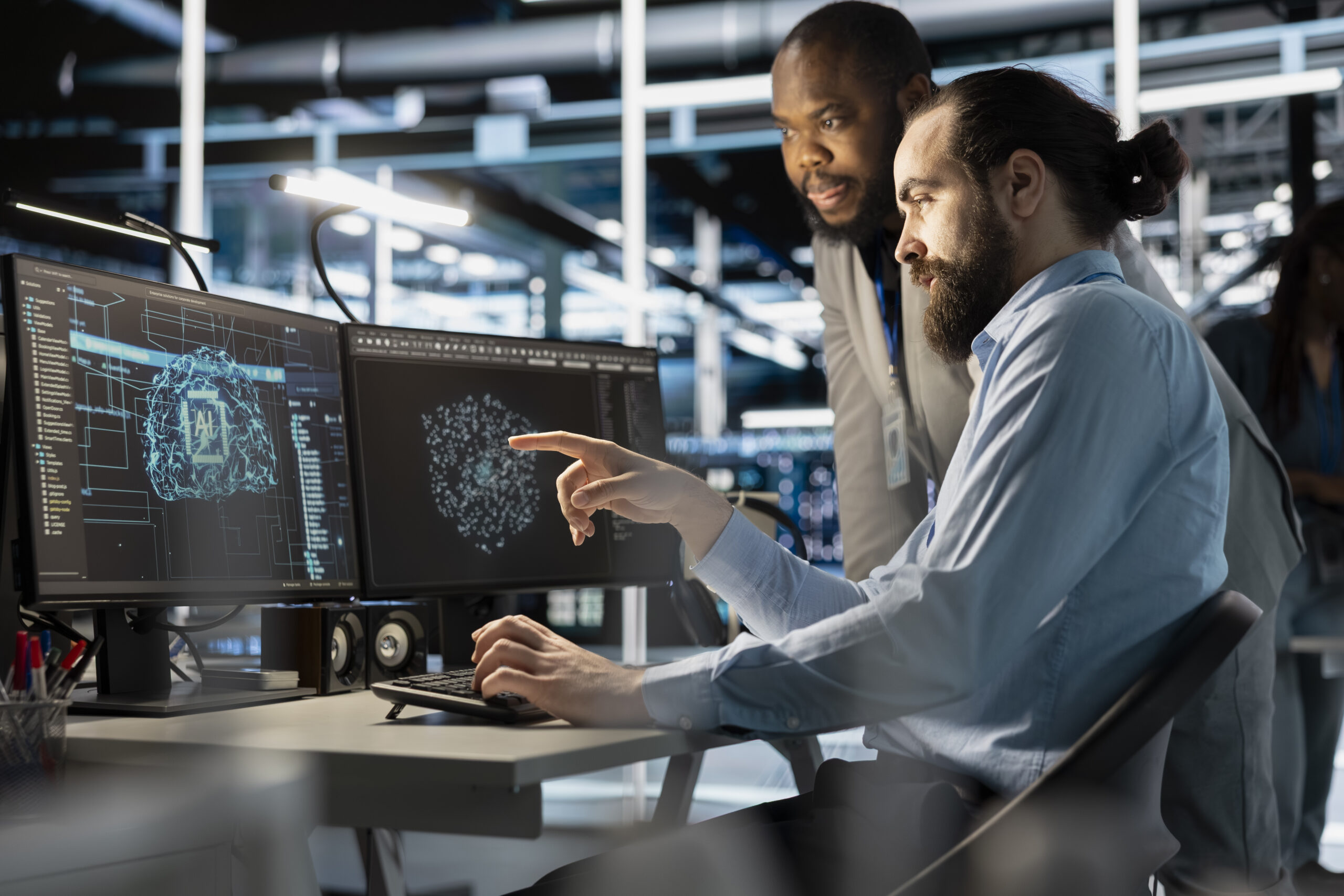 Team of technicians using PC in data center, integrating AI driven automation tools, doing maintenance. Server farm coworkers using artificial intelligence machine learning models